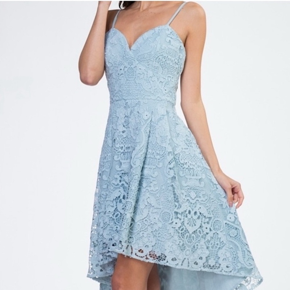 NWT Minuet Light Blue High Low Lace A Line Dress Adjustable Straps - Size Large - Picture 2 of 8
